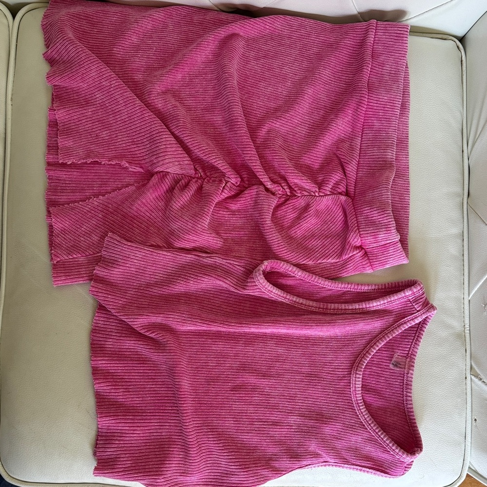 Pink Ribbed Tank Top and Skirt Set